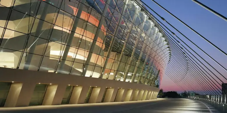 the outside of the Lenexa Civic Center at dusk