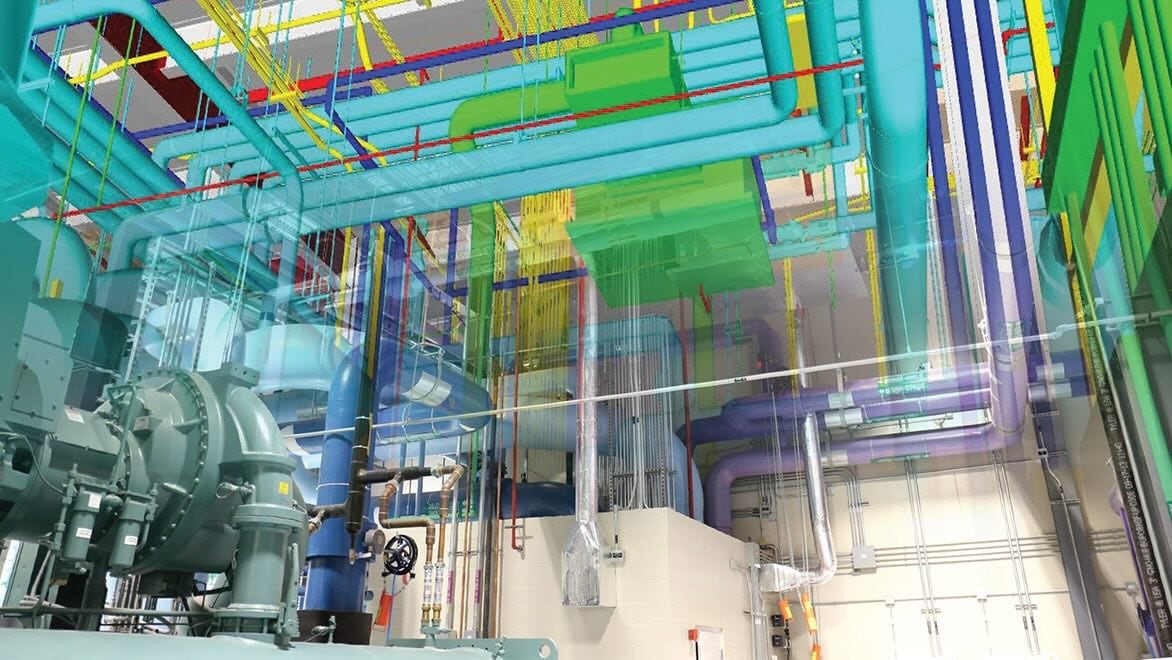A computer model of a boiler room features drawn pipes in many colors.