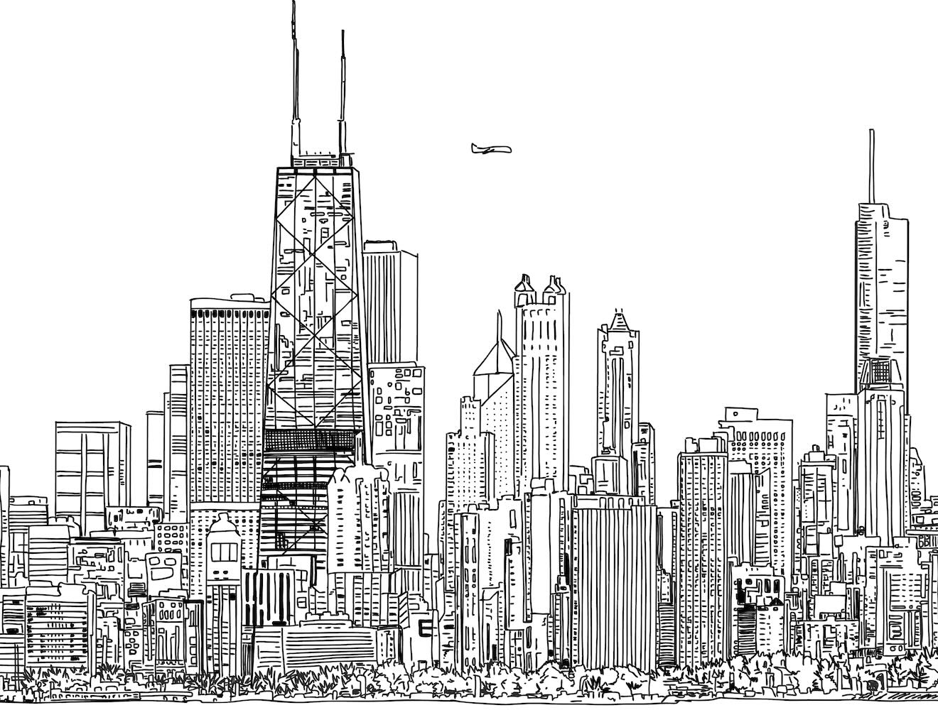 The Chicago skyline is depicted as a black-and-white line drawing.