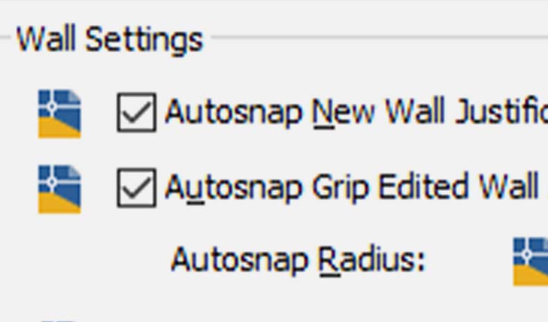 Screenshot of wall settings with options for Autosnap New Wall Justification, Autosnap Grip Edited Wall, and Autosnap Radius.