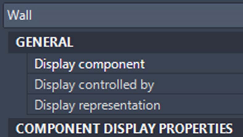 AutoCAD interface showing wall properties with sections for general display and component display properties.