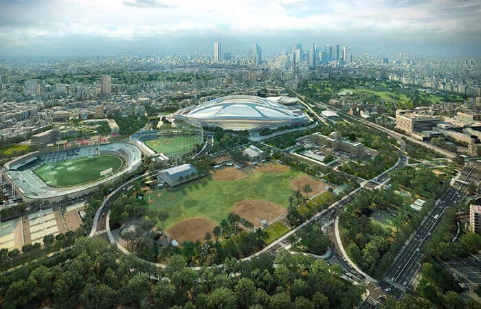 3D rendering of a design proposal by Zaha Hadid Architects for the New National Stadium in Japan.