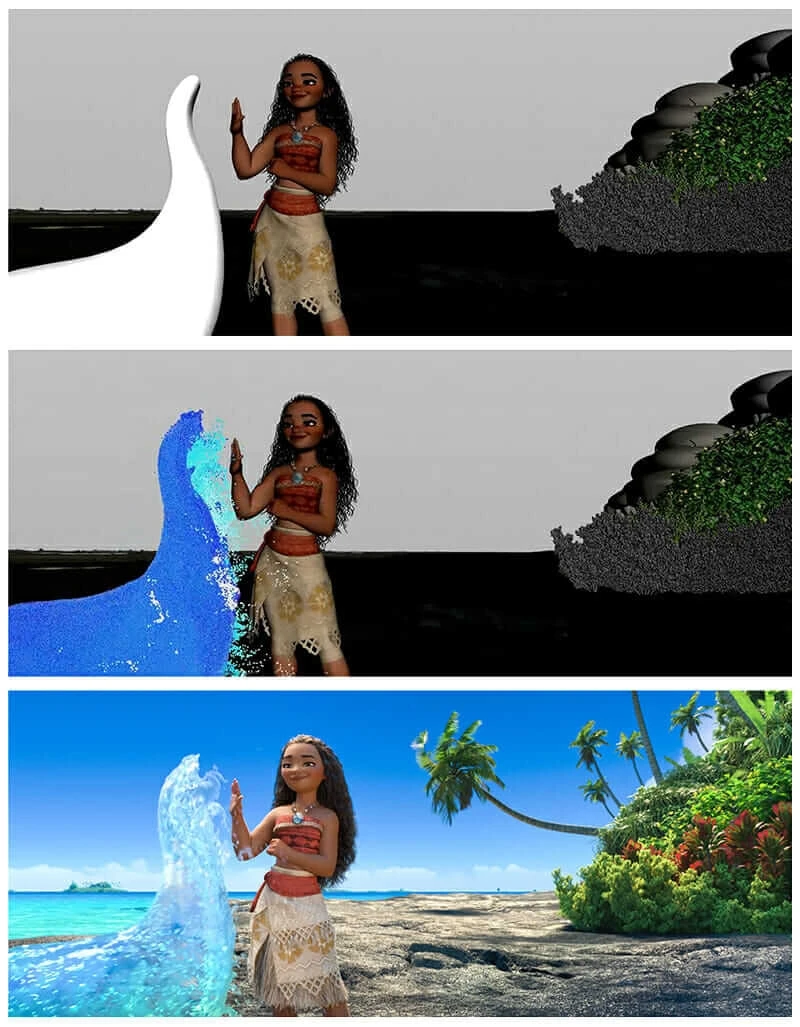 Sequence of renders of Moana high-fiving the ocean.
