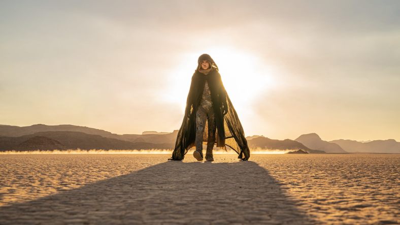 Still of Paul Atreides (Timothée Chalamet) walking on Arrakis in Dune Part Two movie