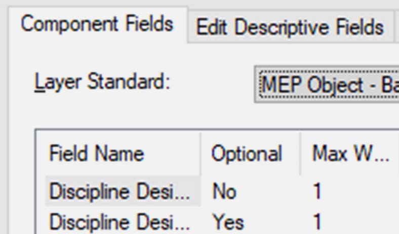 "Component Fields" and "Edit Descriptive Fields" tabs with layer standard options.