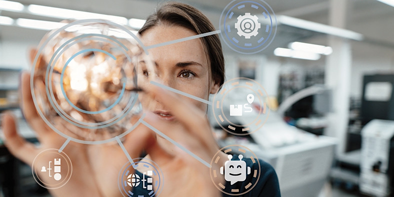 Collage image of woman manipulating a digital graphic overlay