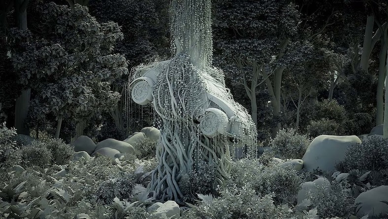 In this rendered fantasy forest scene, a vehicle is entangled in vines.