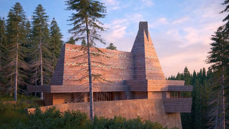 3D rendering of house designed by Frank Lloyd Wright