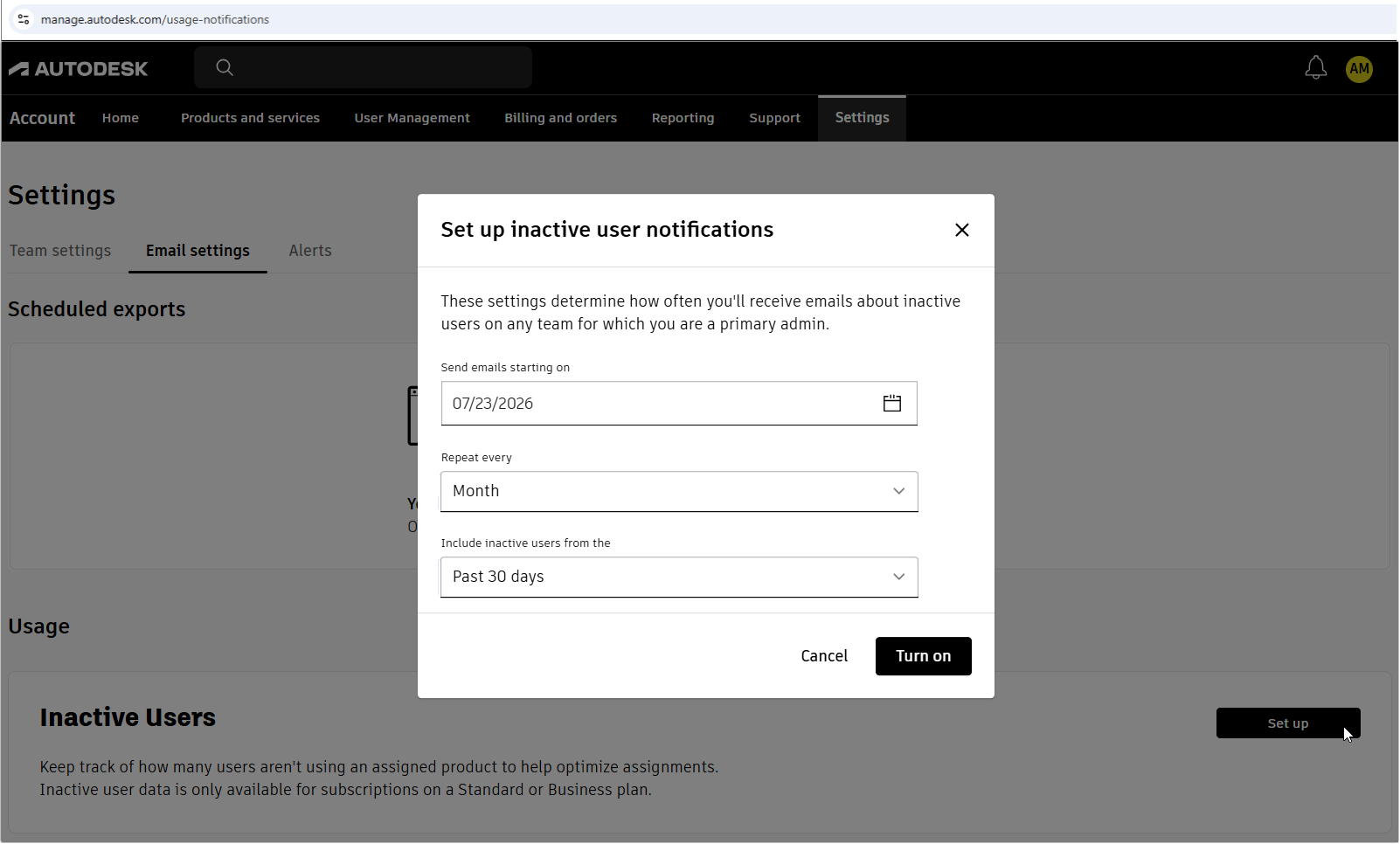 Inactive user notification setup dialog with date and frequency options