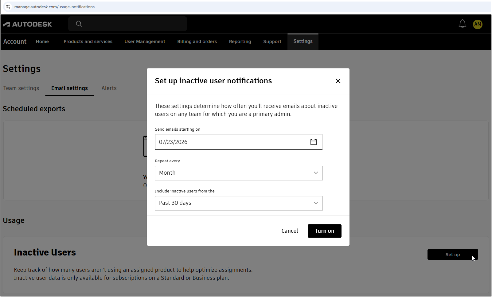 Inactive user notification setup dialog with date and frequency options