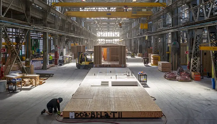 a prefabricated home takes shape on an assembly line.
