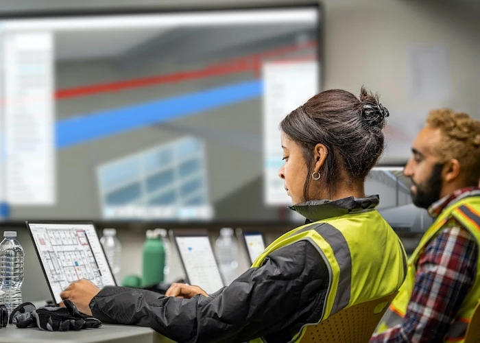 Construction workers collaborating on a cloud-connected platform
