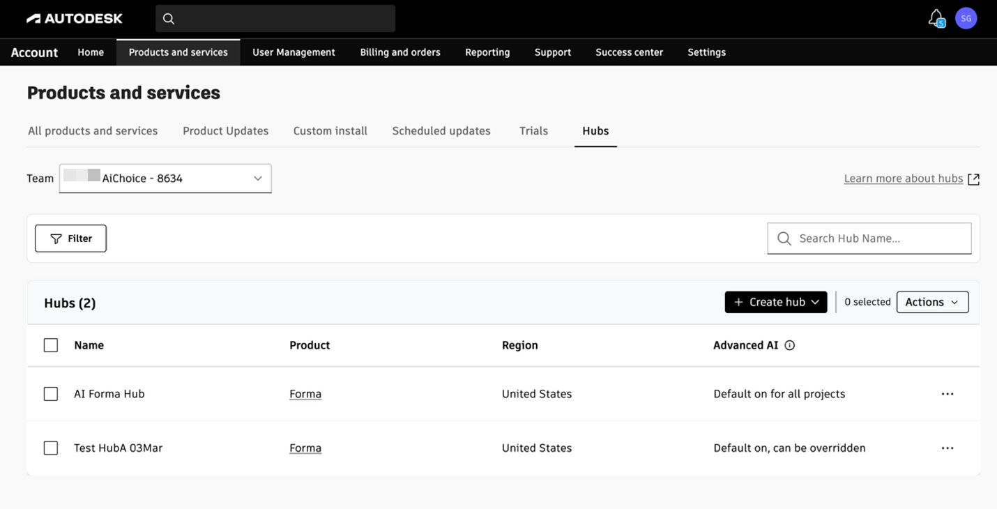 Products and services Hubs page listing Forma hubs with region and Advanced AI settings.
