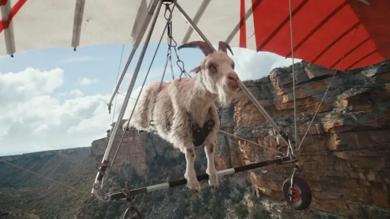 Cloud-based production still from commercial goat hang-gliding