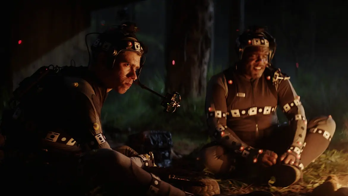 autocad pen assignments location Actors Owen Teague and Peter Macon sit by a campfire wearing motion capture suits and headgear with sensors in raw footage of a scene from Kingdom of the Planet of the Apes.