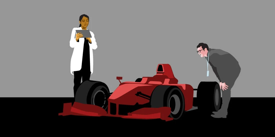 Illustration of man and woman looking at race car