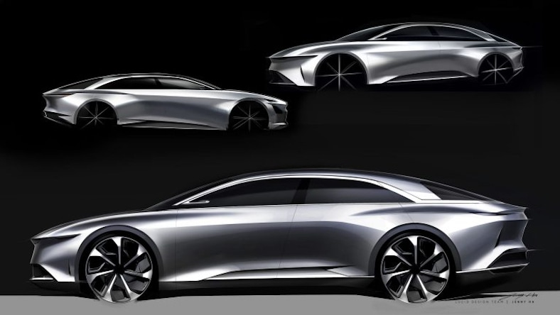 An early product design sketch of the Lucid Air EV sedan shows the car from 3 angles.