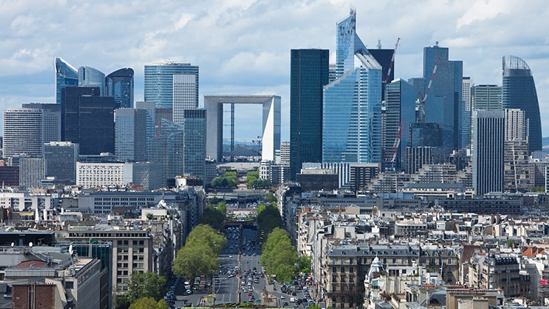 View of the La Defense Financial District of Paris, France