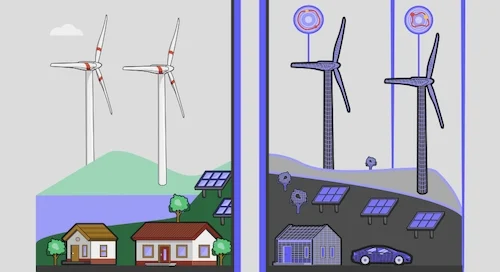 A graphic of two windmills and two houses.