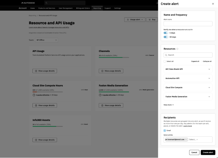 Create alert sidebar showing alert name, frequency, and resource selection options.
