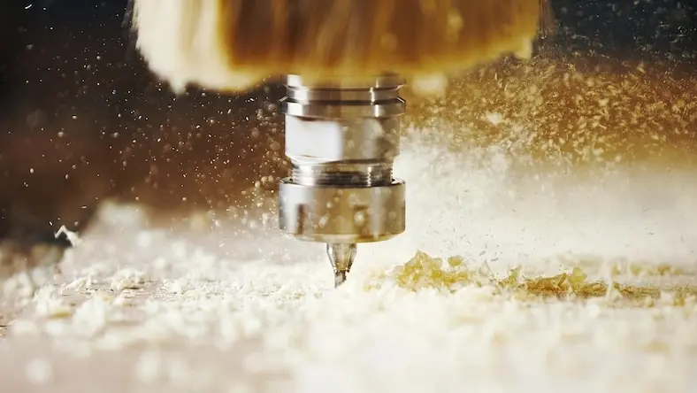 A close-up of a router bit on a CNC machine cutting wood.