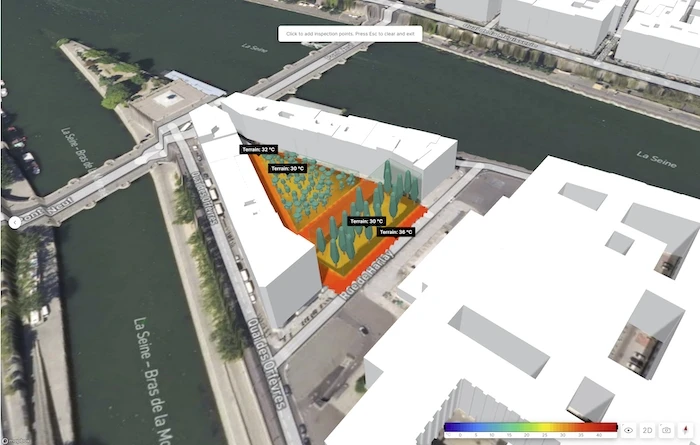 Autodesk Forma microclimate analysis shows the approximate perceived temperatures in Paris’ Place Dauphine.