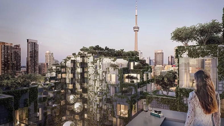Ina rendering, a woman looks at a futuristic cityscape.