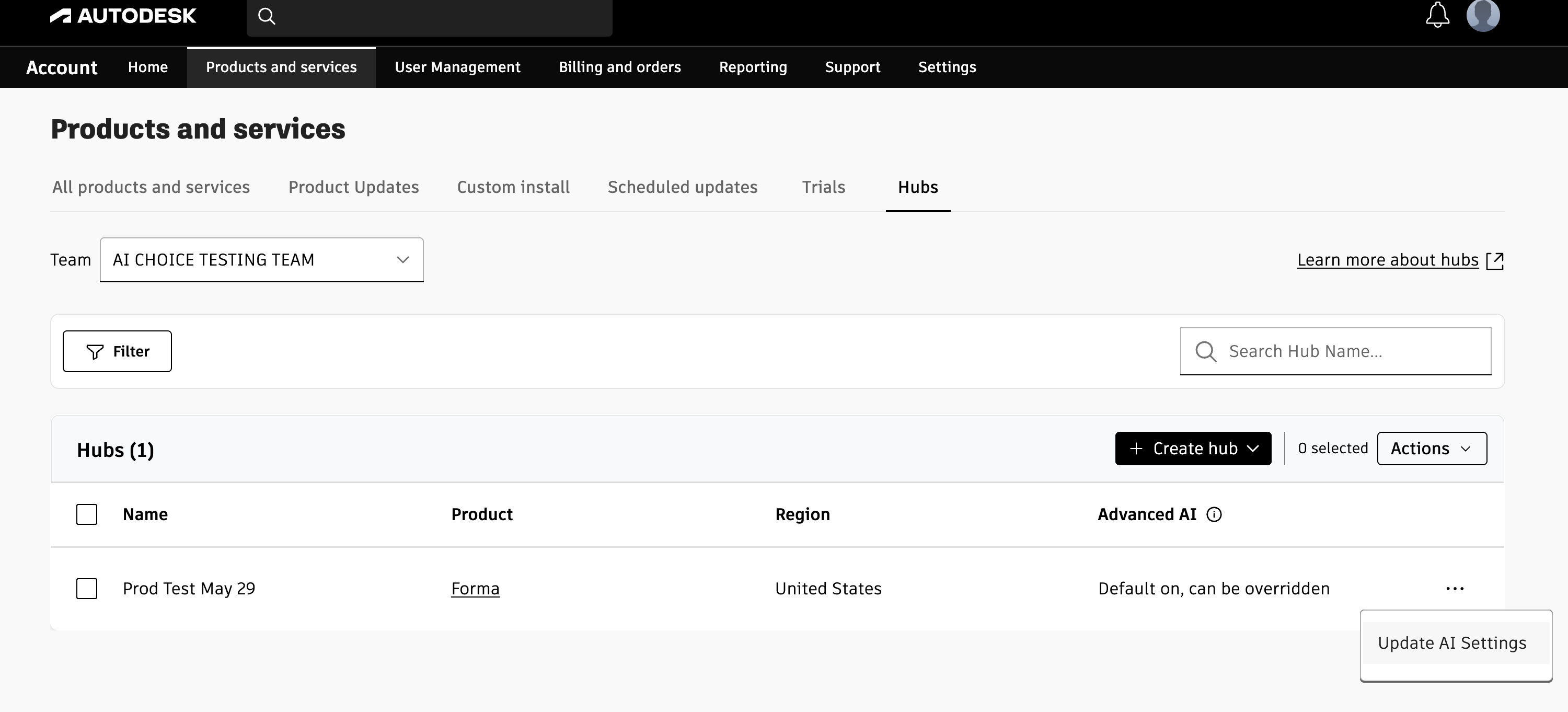 Products and services tab showing single Forma hub with Update AI Settings option.
