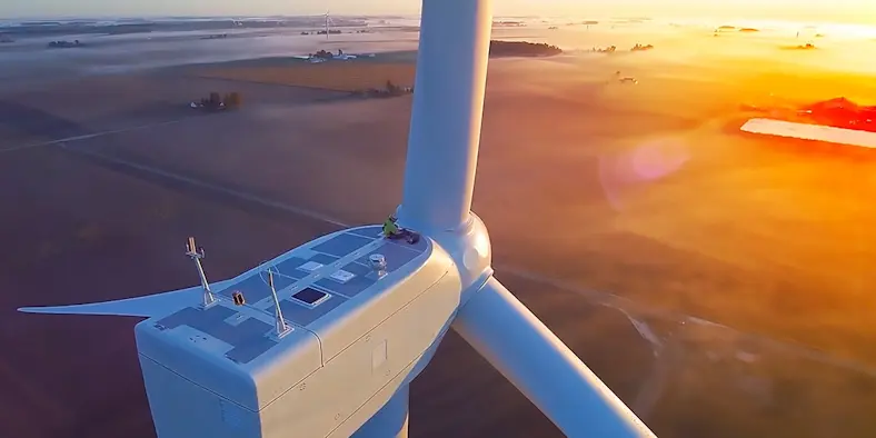 Aerial view of the top of a wind turbine