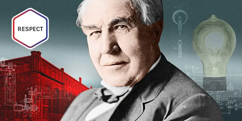 A composite illustration of Thomas Edison with a light bulb and his Menlo Park lab