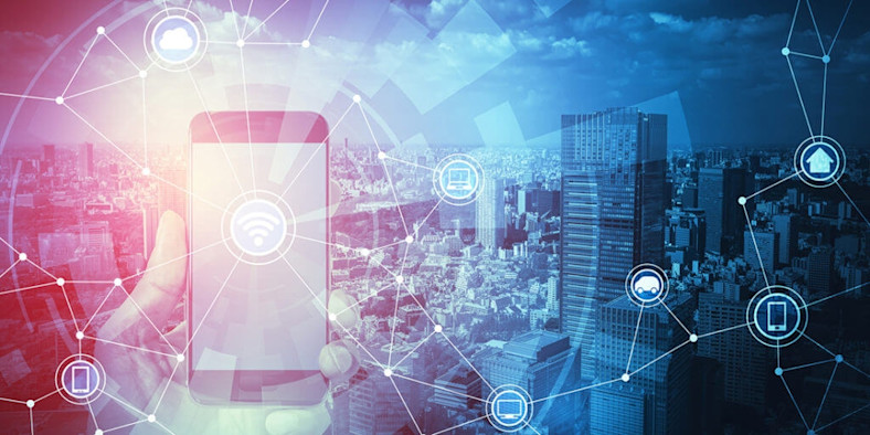 An illustration of a networked smart city and smart buildings