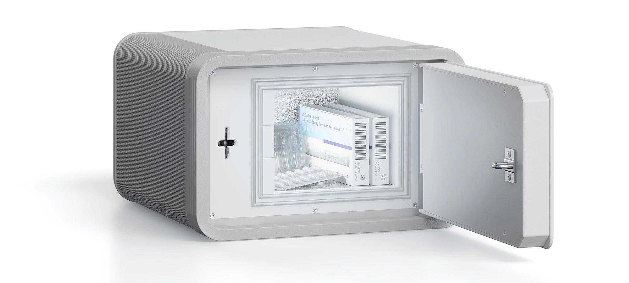 Gray NelumBox mini-fridge with door open