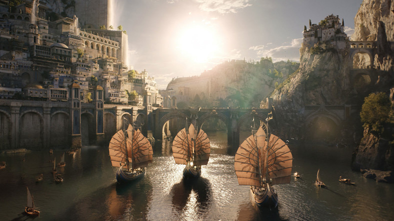 Screenshot of three ships with intricate sails in “The Lord of the Rings: The Rings of Power”