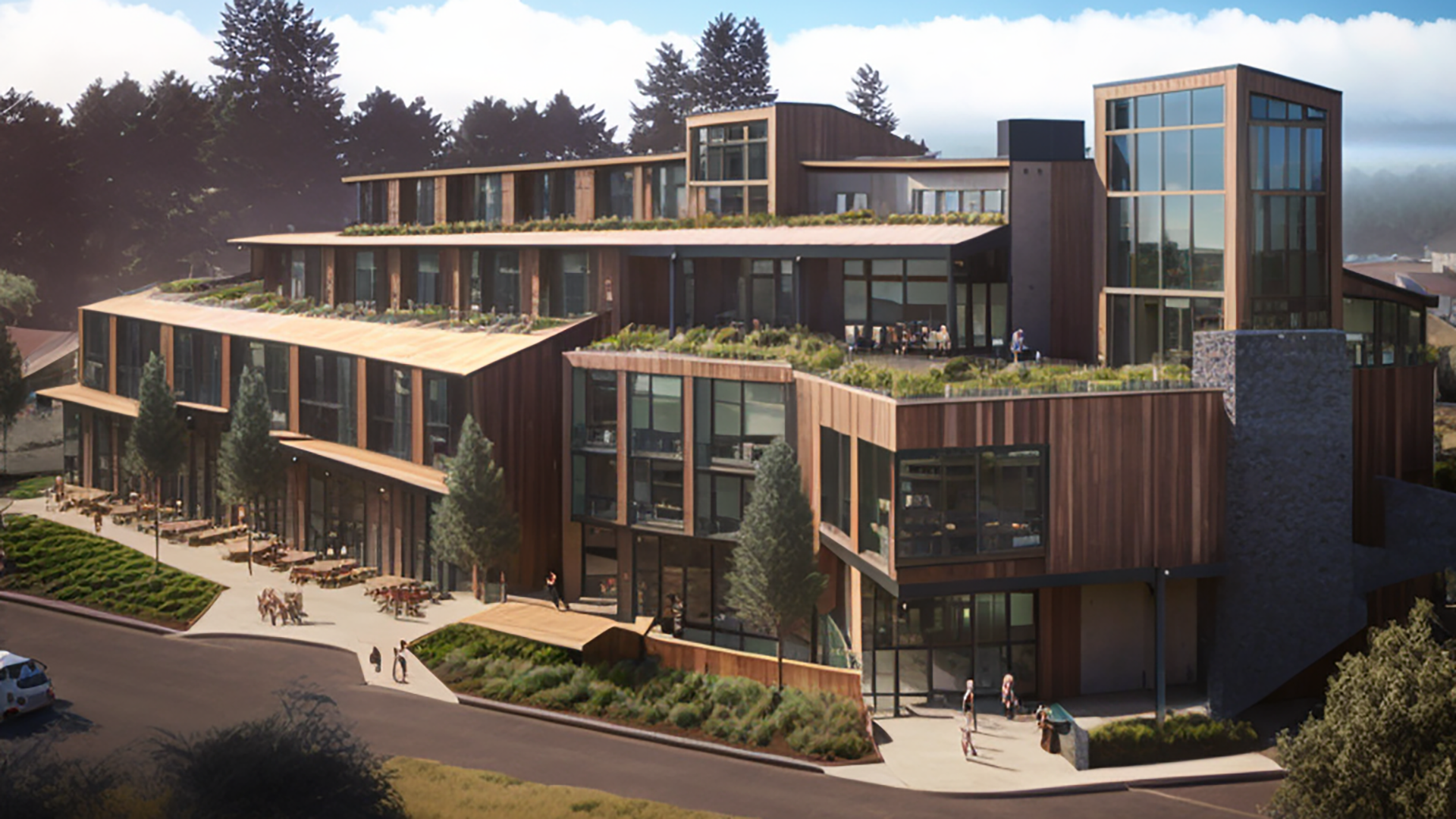 A futuristic wooden building complex, created in AI, that is meant to evoke the iconic Sea Ranch community