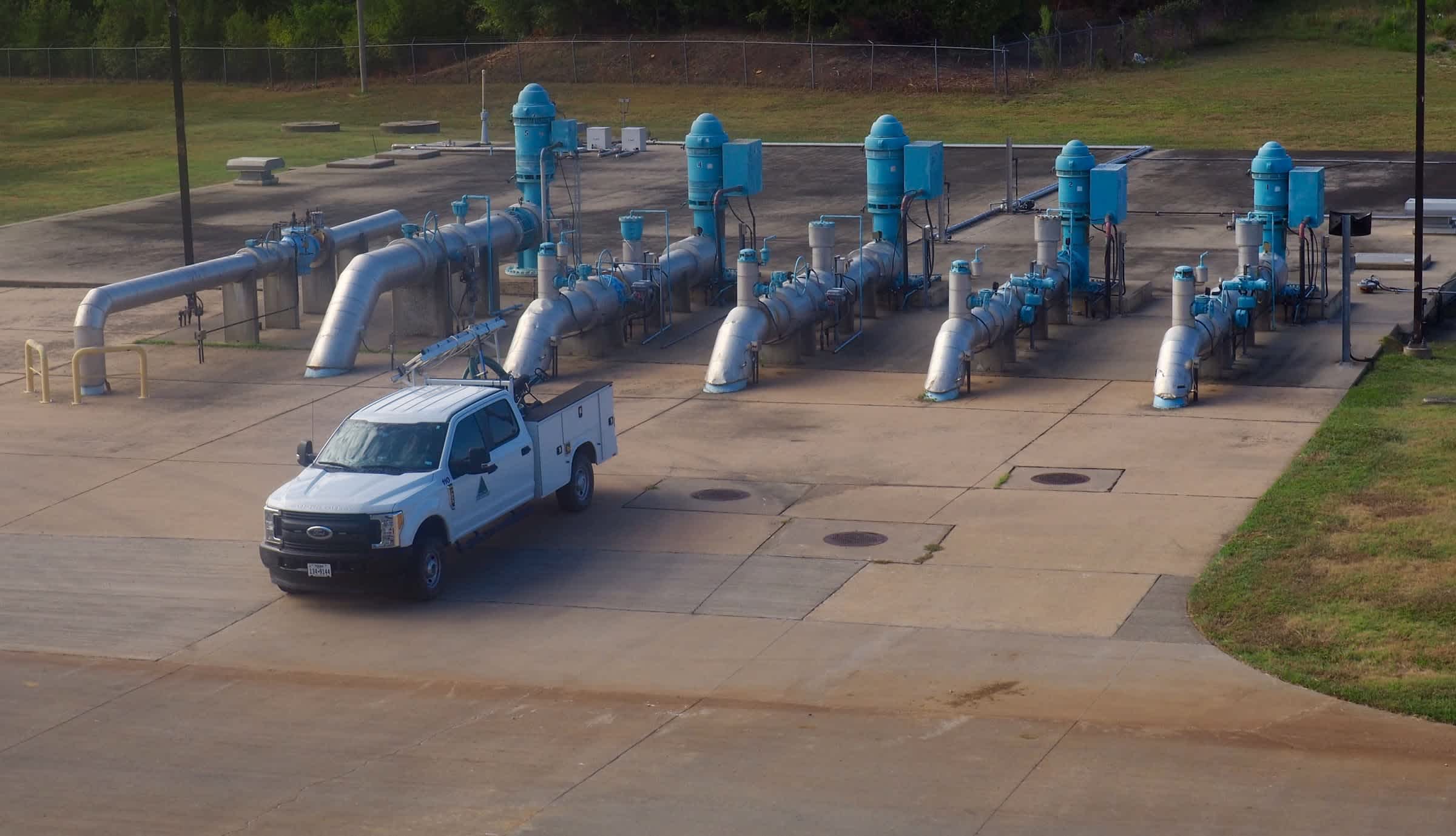 Pumps push treated water out of an underground concrete holding tank through over 103 miles of pipeline to customers across UTRWD's service area.