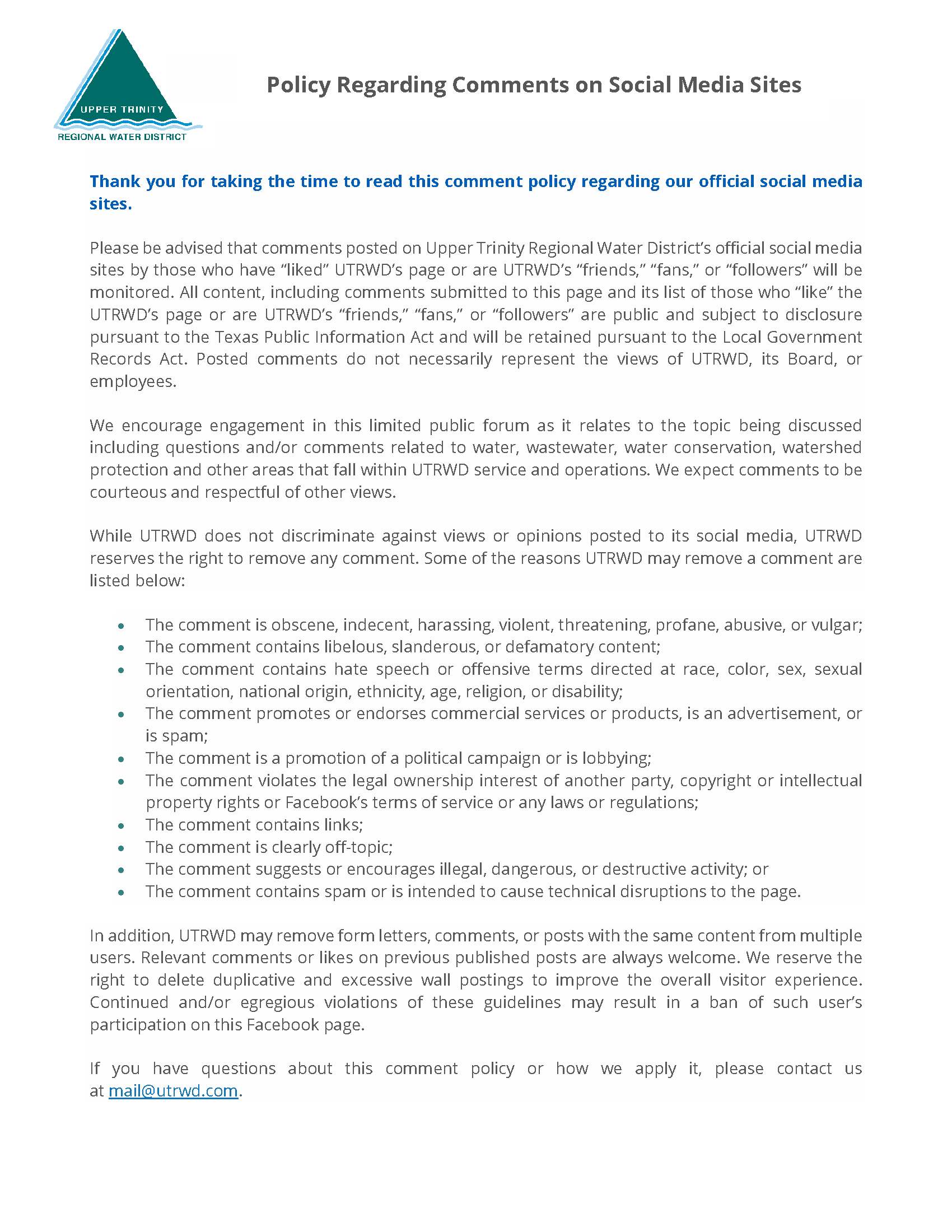 Policy Regarding Comments on Social Media Screenshot