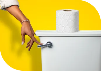 Charmin Essentials roll sitting on top of toilet with hand flushing the toilet.