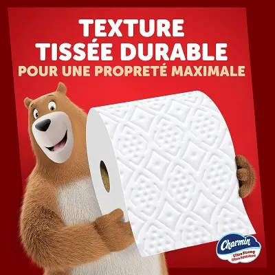 L'ours Charmin tient un rouleau de Charmin Ultra Résistant, avec le titre « Texture tissée durable pour une propreté ultra maximale ».