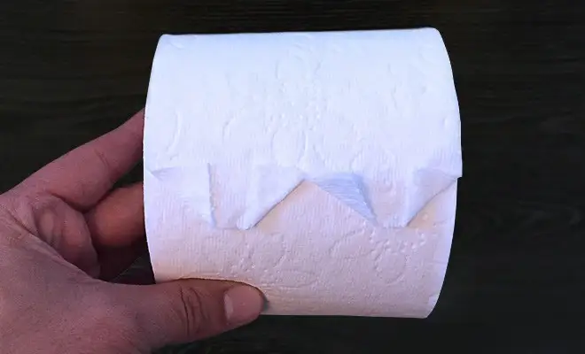 Pli vallée d'origami réalisé sur le bout d'un rouleau de papier hygiénique.