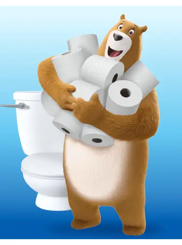 L'ours Léonard tient dans ses bras plusieurs rouleaux de papier hygiénique Charmin. L'ours Léonard tient dans ses bras plusieurs rouleaux de papier hygiénique Charmin.