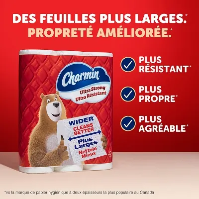 Emballage de Charmin Ultra Résistant sur fond rouge, avec le titre : « Des feuilles plus larges. Propreté améliorée, vs la marque de papier hygiénique à deux épaisseurs la plus populaire au Canada ». Les avantages du produit sont ensuite énumérés : plus résistant , plus propre et plus agréable vs la marque de papier hygiénique à deux épaisseurs la plus populaire au Canada.