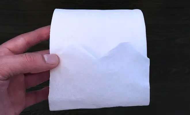 Pli montagne d'origami réalisé sur le bout d'un rouleau de papier hygiénique.