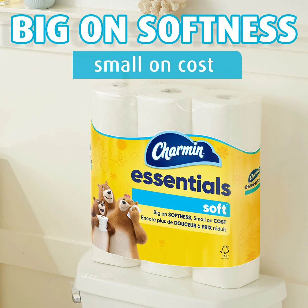 Emballage Essentials Soft dans la salle de bain.