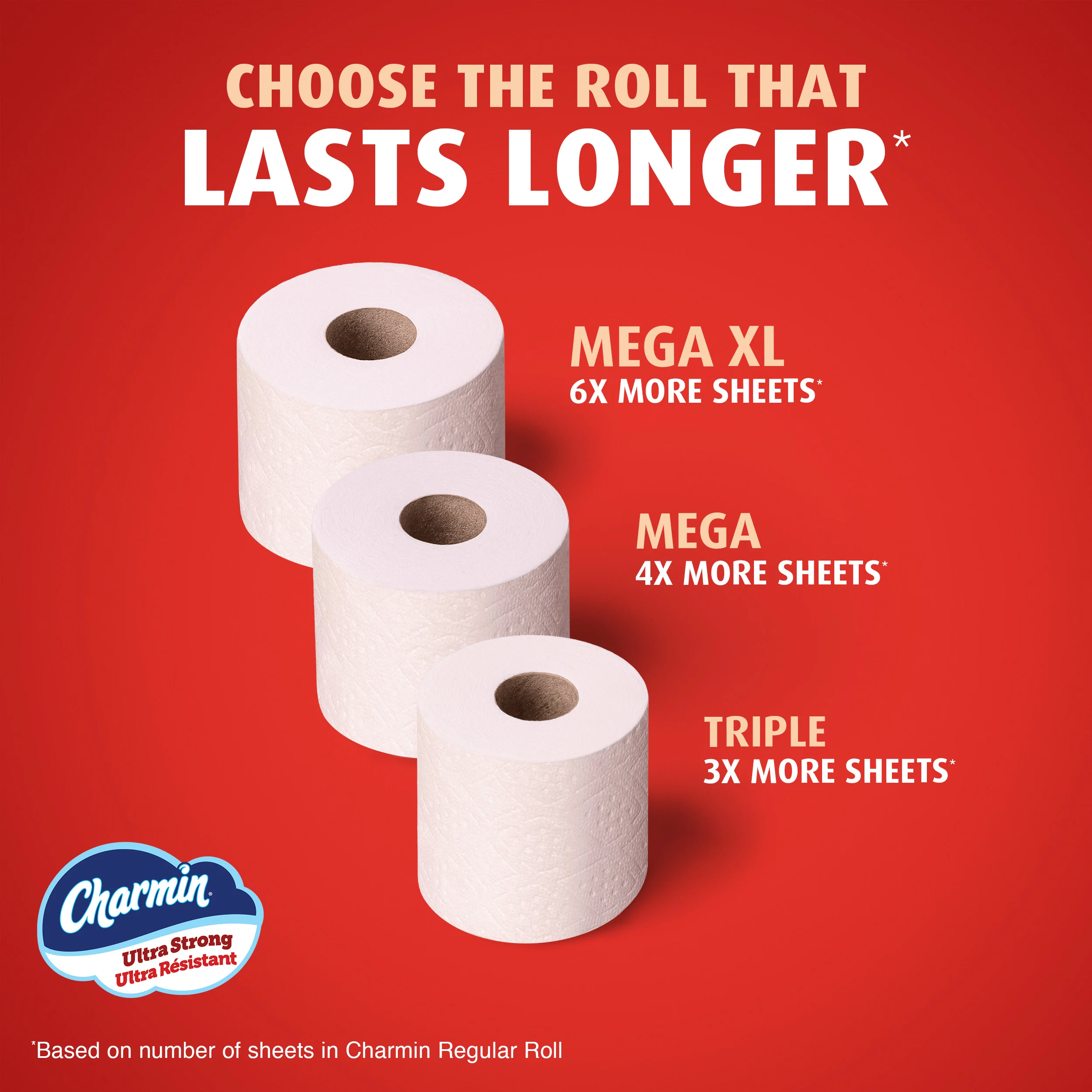 Comparison chart showing our roll sizes, from smallest to largest - Regular, Mega, and Super Mega