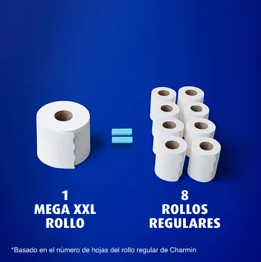 Un Mega XXL Rollo equivale a 8 rollos regulares Un Mega XXL Rollo equivale a 8 rollos regulares