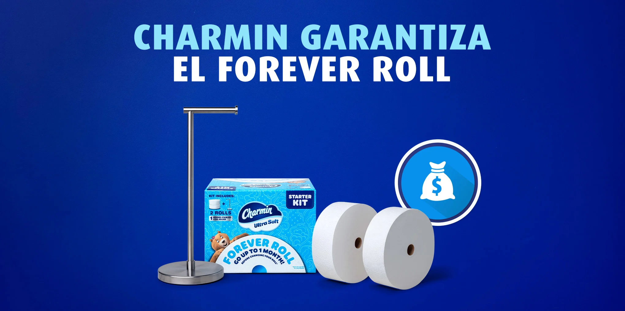 Premium brushed stainless steel roll holder and 2 forever rolls next to each other alongside the Charmin Forever Roll Starter Kit package with forever roll guarantee icon.