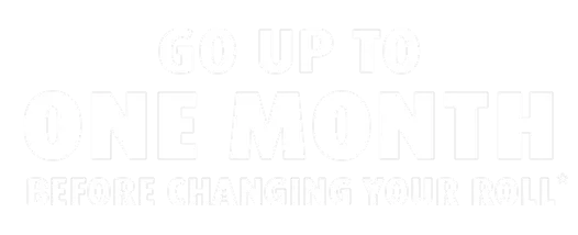 Charmin Forever Roll starter kit next to a toilet, with text saying 'Go up to one month before changing your roll