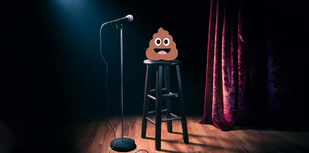 Escenario de monólogos cómicos con micrófono, silla y un emoji de popó encima