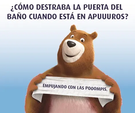 El oso Leonard sosteniendo una larga hoja de papel higiénico con un chiste escrito: "¿Cómo se abre el baño a toda prisa? Con la llave maestra del popó."