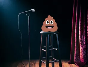 Emoji de popó sobre una silla, actuando en un escenario de comedia